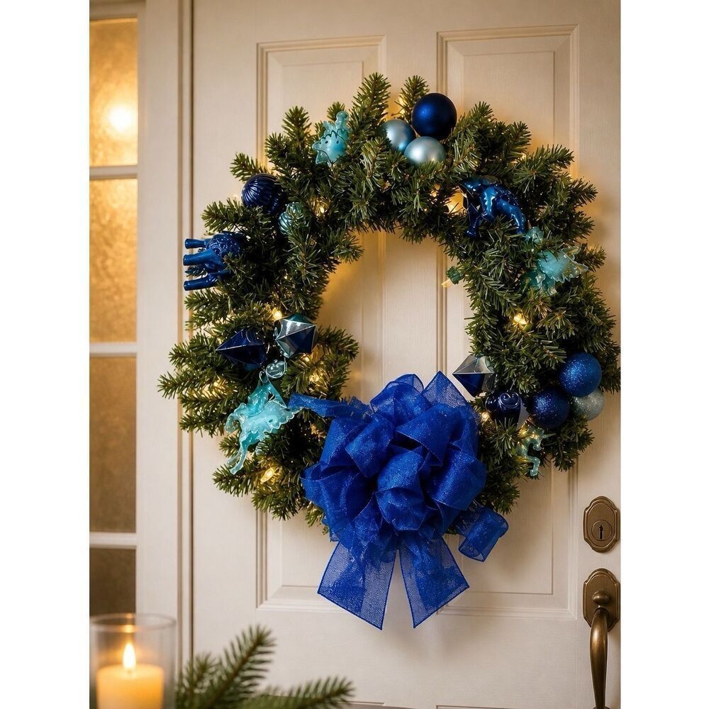 BLUE WREATH UNICORN & ELEPHANT PRE-LIT CORDLESS WREATH